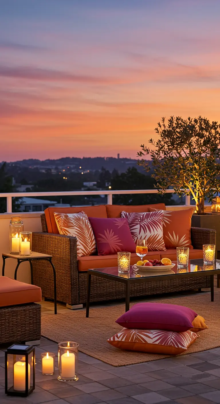 Canapé en rotin avec coussins orange et roses sur une terrasse au coucher du soleil, éclairée par des bougies.