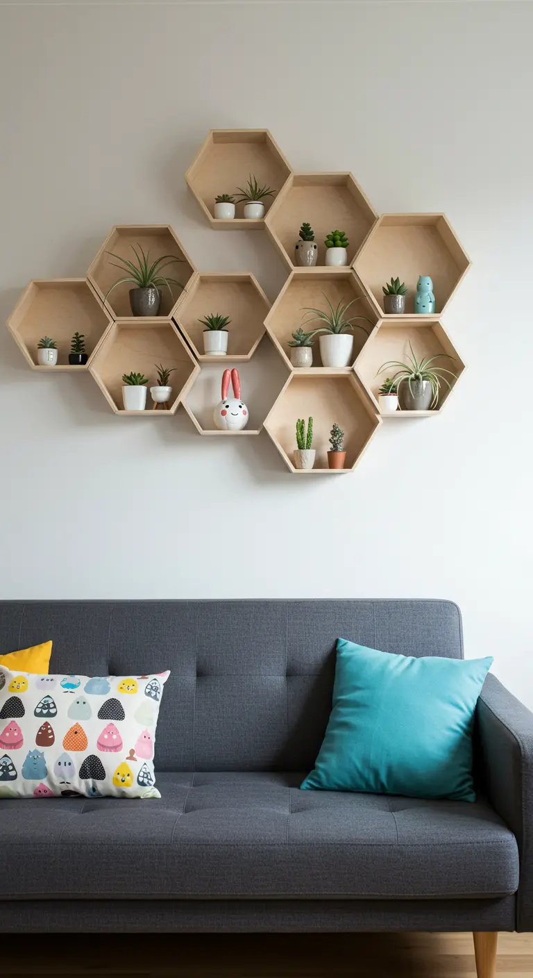 Composition murale d'étagères hexagonales en bois clair abritant des petites plantes et des figurines.