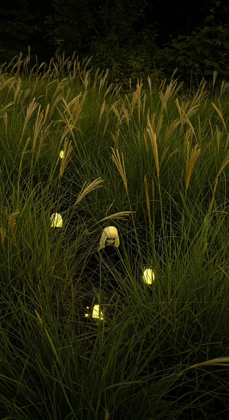 Orbes lumineux jaunes cachés dans de hautes herbes la nuit, avec une silhouette de tête.