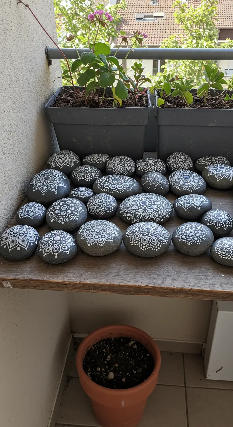 Collection de galets peints à la main avec des motifs de mandalas blancs.