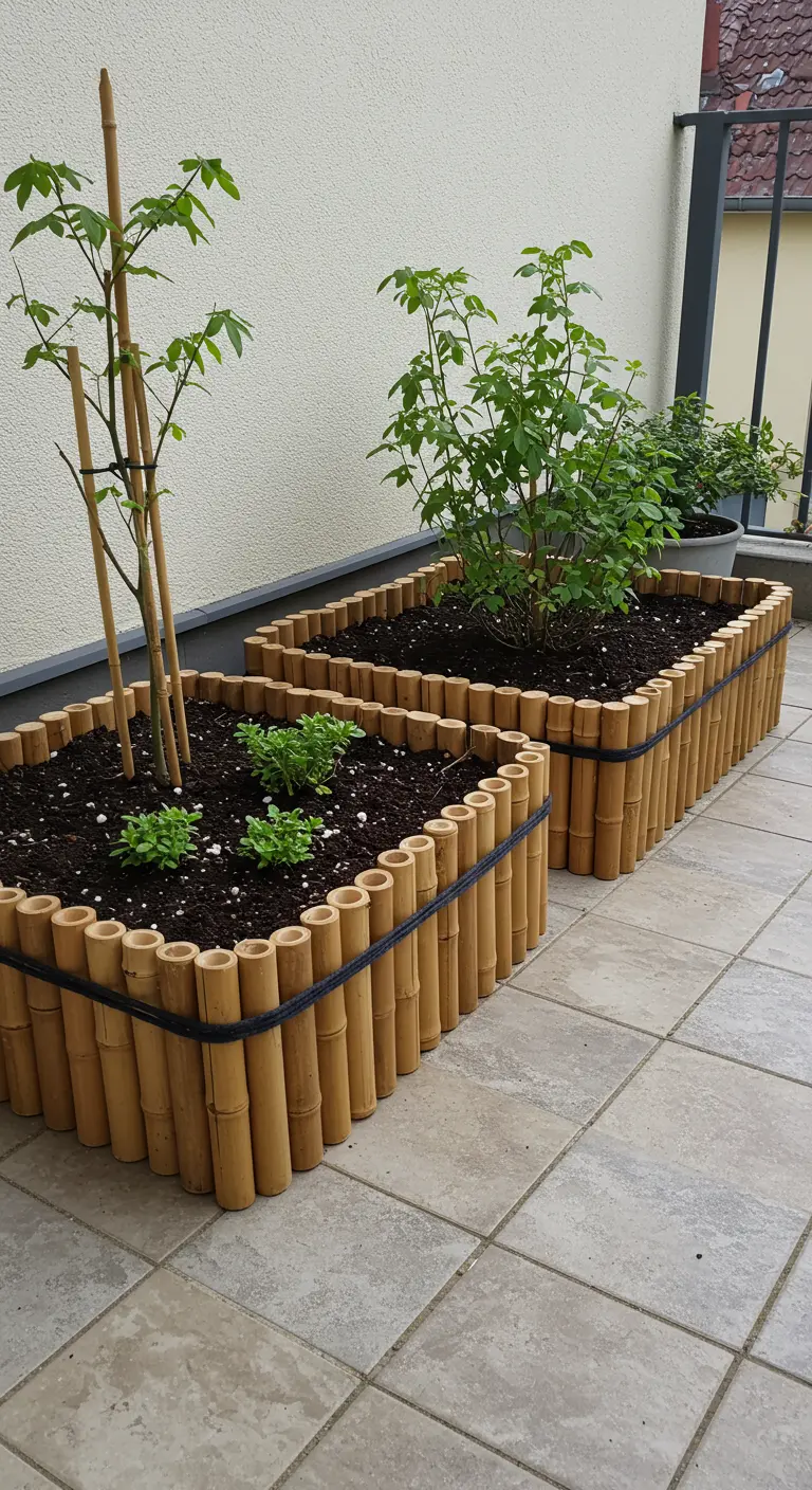 Jardinières rectangulaires bordées de tiges de bambou verticales.