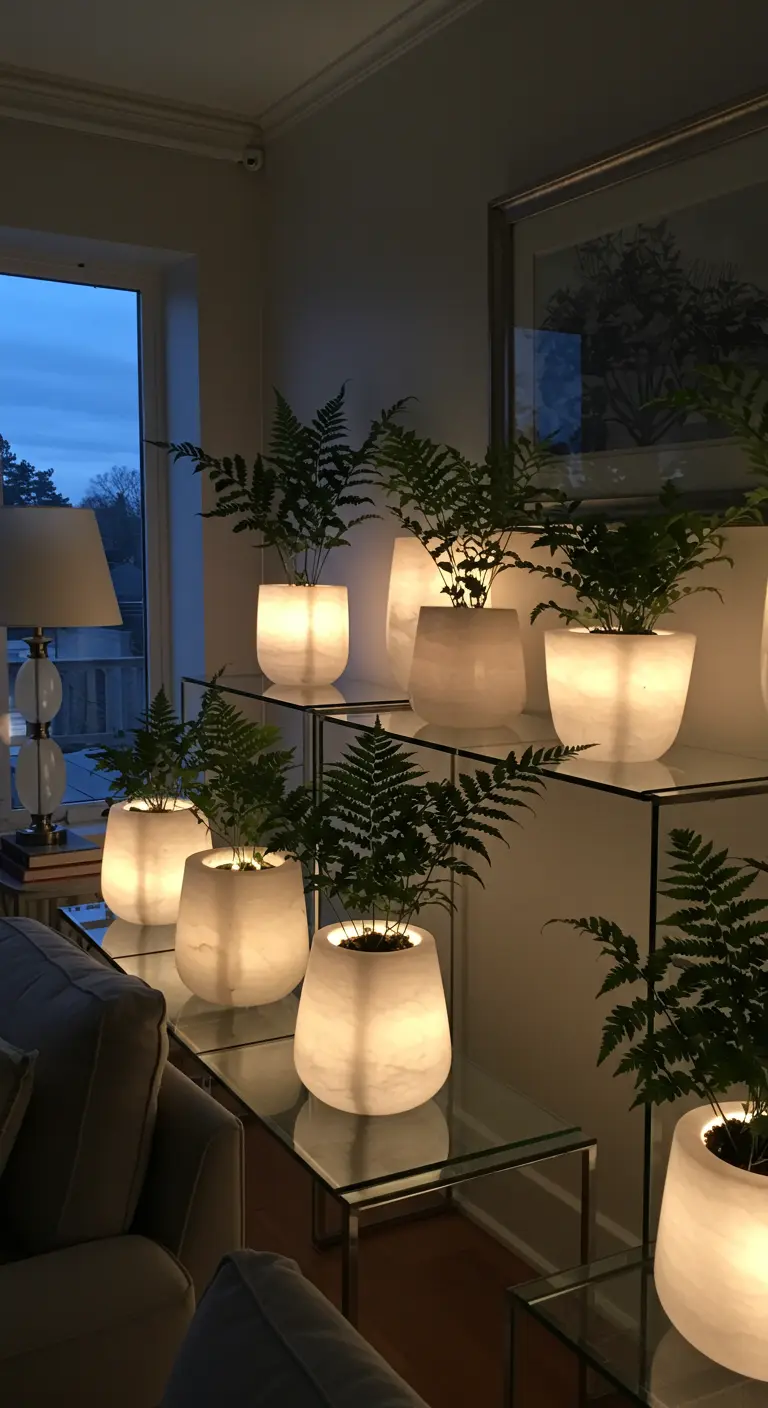 Plusieurs fougères dans des pots en albâtre blanc qui brillent de l'intérieur dans une pièce sombre.