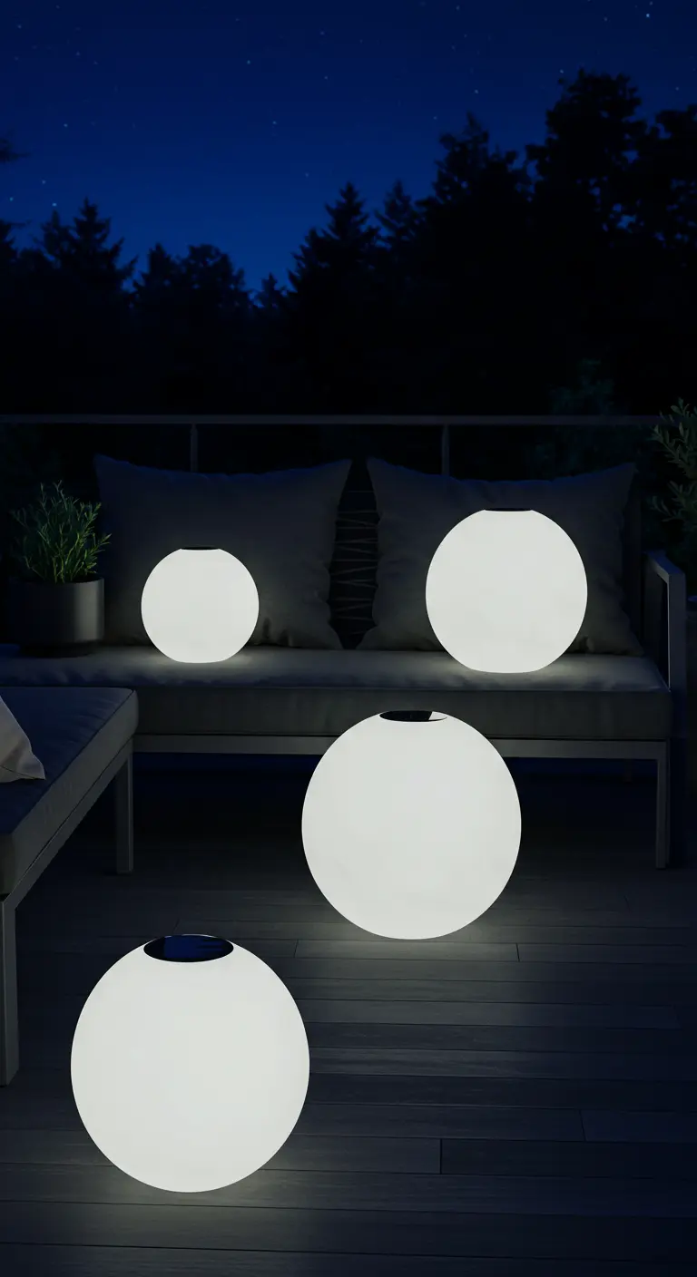 Plusieurs globes lumineux de différentes tailles posés sur une terrasse en bois la nuit.