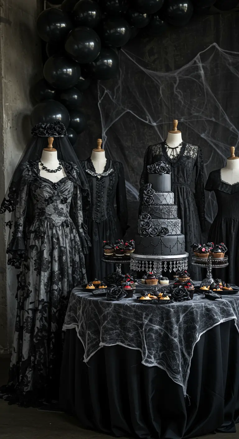 Buffet d'Halloween sur le thème du mariage gothique avec gâteau et robes noires.