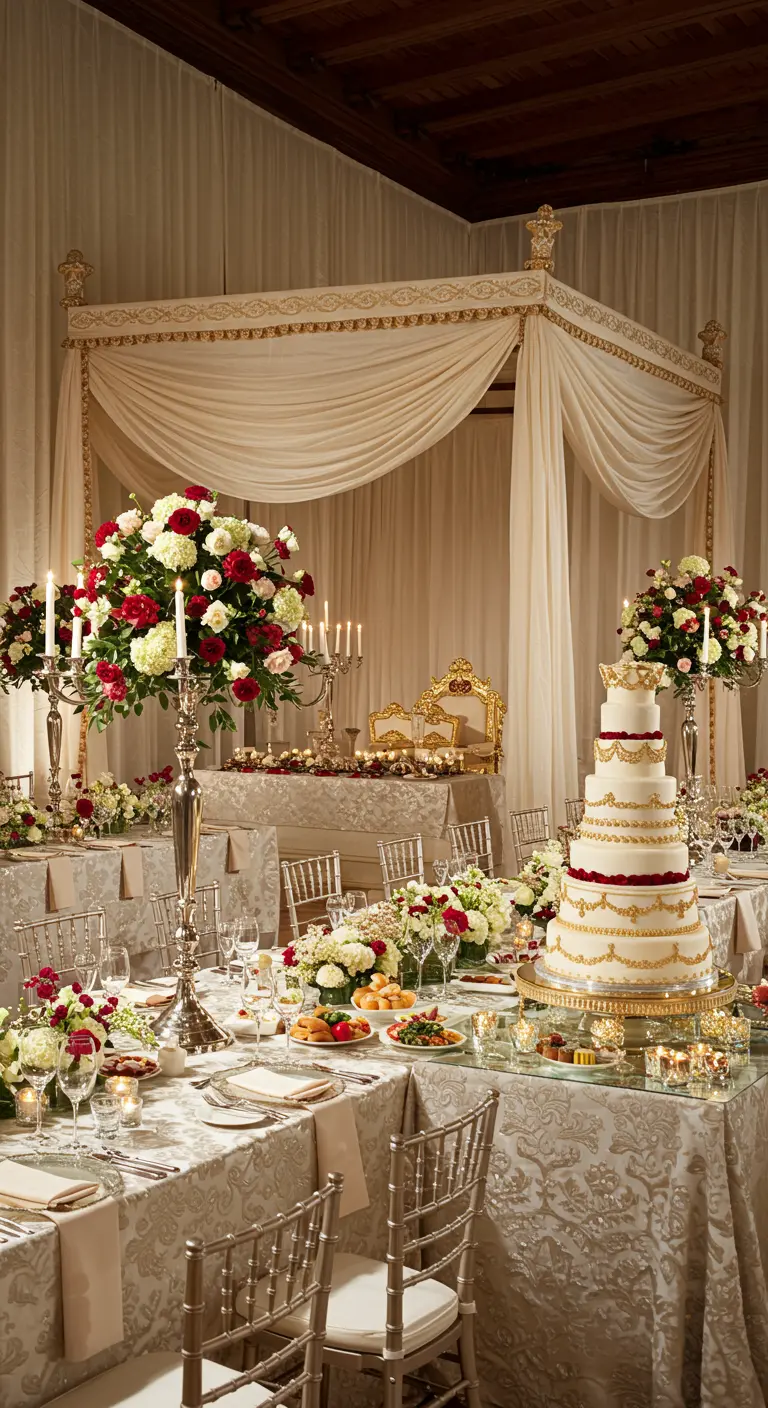 Table de mariage médiévale luxueuse avec gâteau à étages et fleurs rouges.