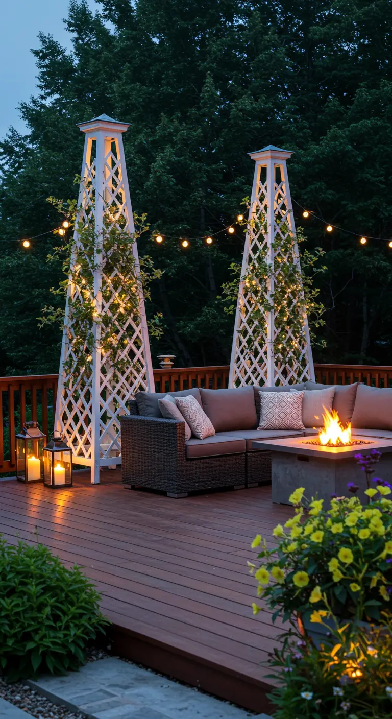 Terrasse avec deux obélisques en treillis blancs éclairés, un canapé d'extérieur et un brasero.