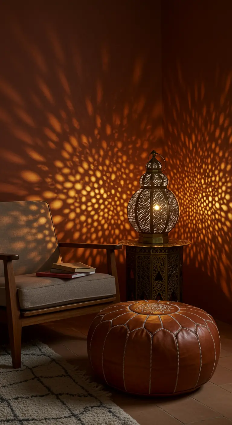 Coin lecture marocain avec une lanterne projetant des ombres sur un mur terracotta.