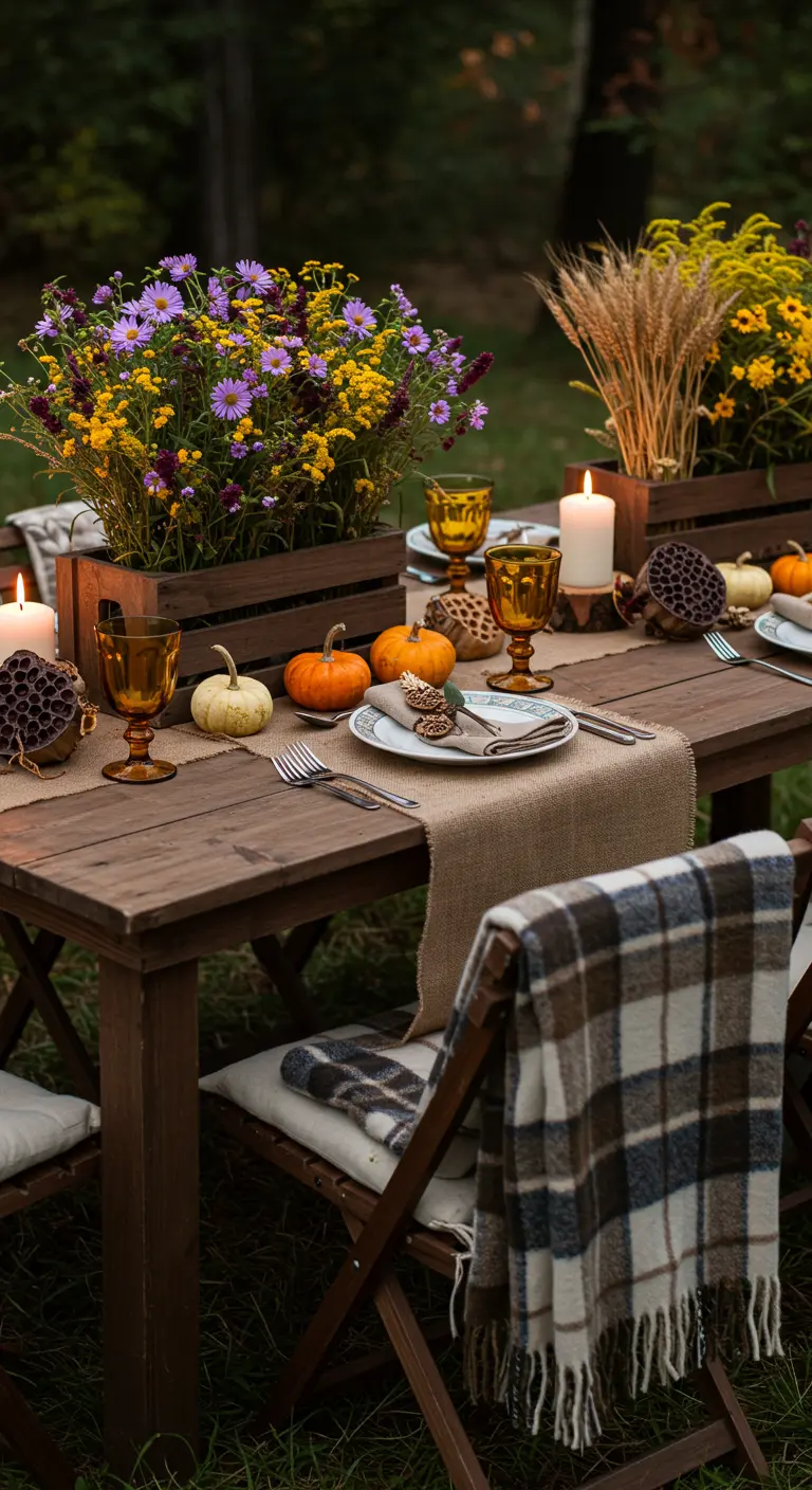 Décor de table d'automne avec des asters, des citrouilles et un plaid.