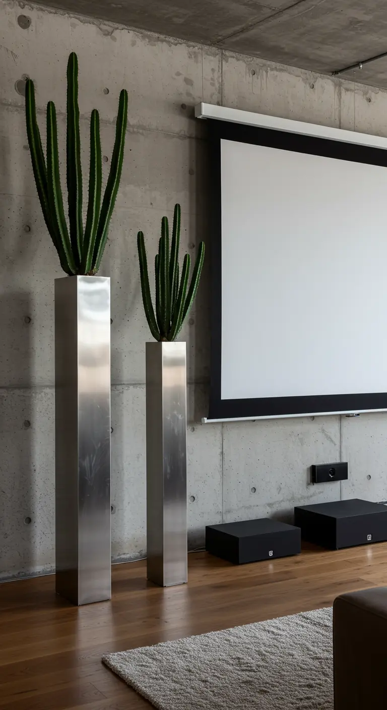 Deux hautes jardinières en acier poli avec des cactus colonnaires encadrant un écran de projection.