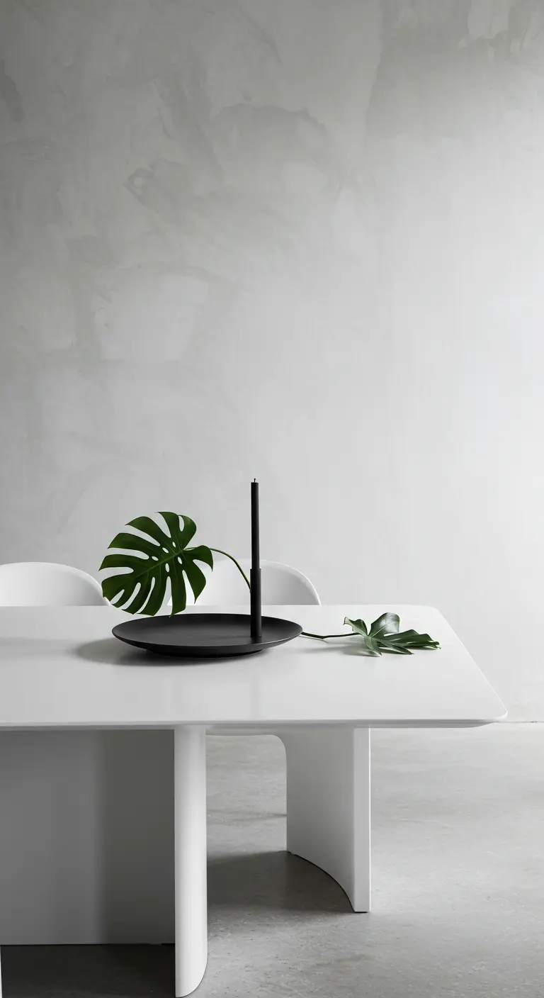 Composition minimaliste noire et blanche avec une bougie, un plateau et une feuille de Monstera.