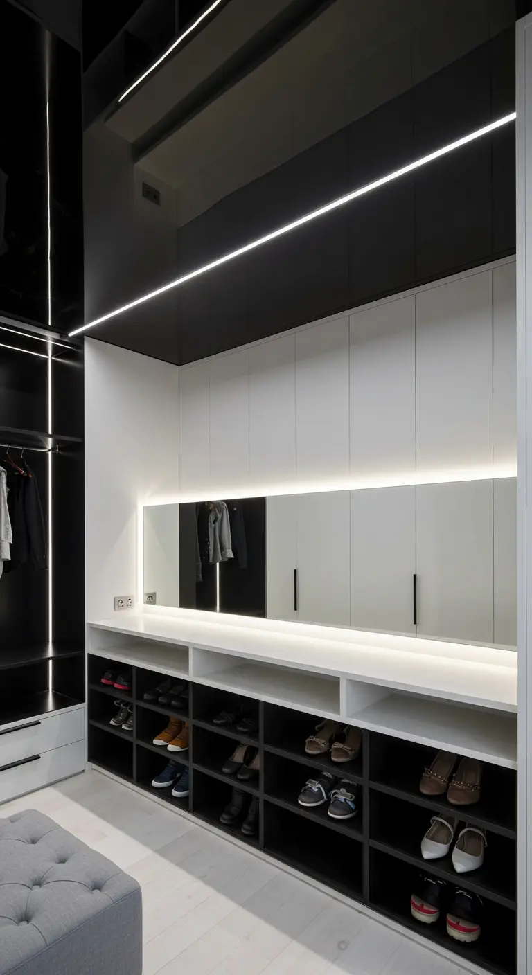 Dressing noir et blanc avec des lignes de lumière LED au plafond et sous les meubles.