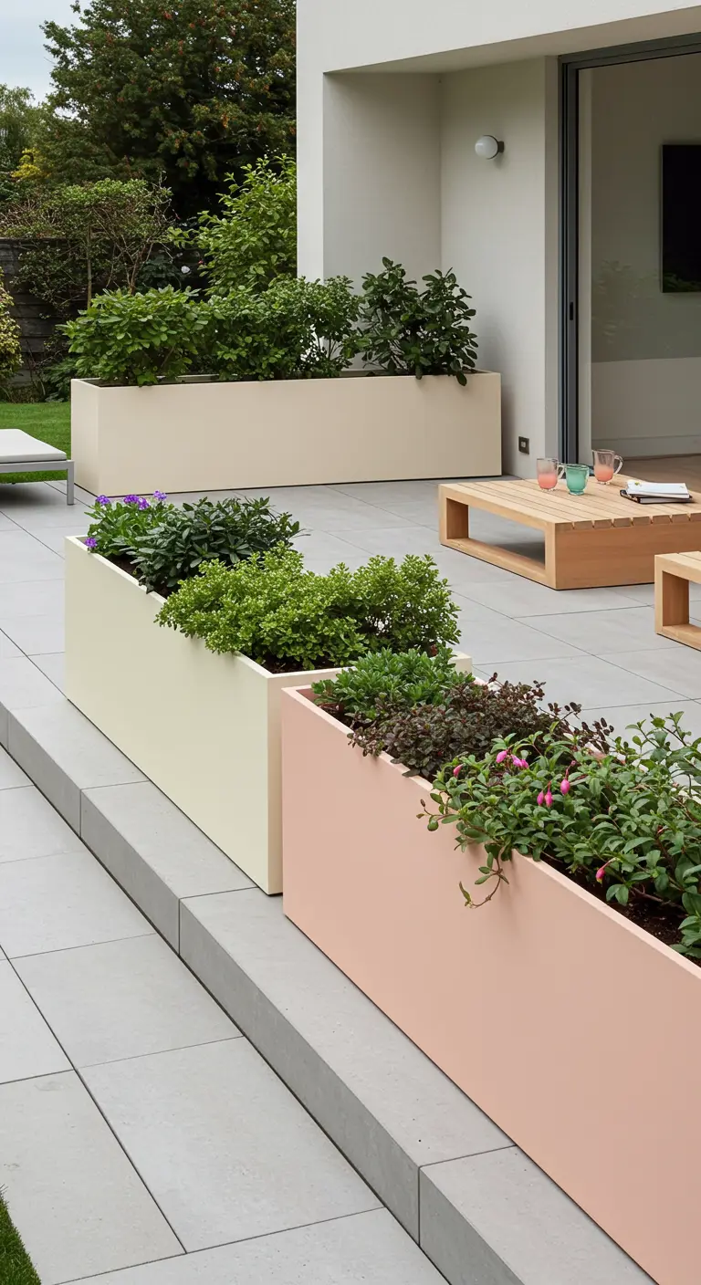 Jardinières modernes aux couleurs pastel sur une terrasse contemporaine