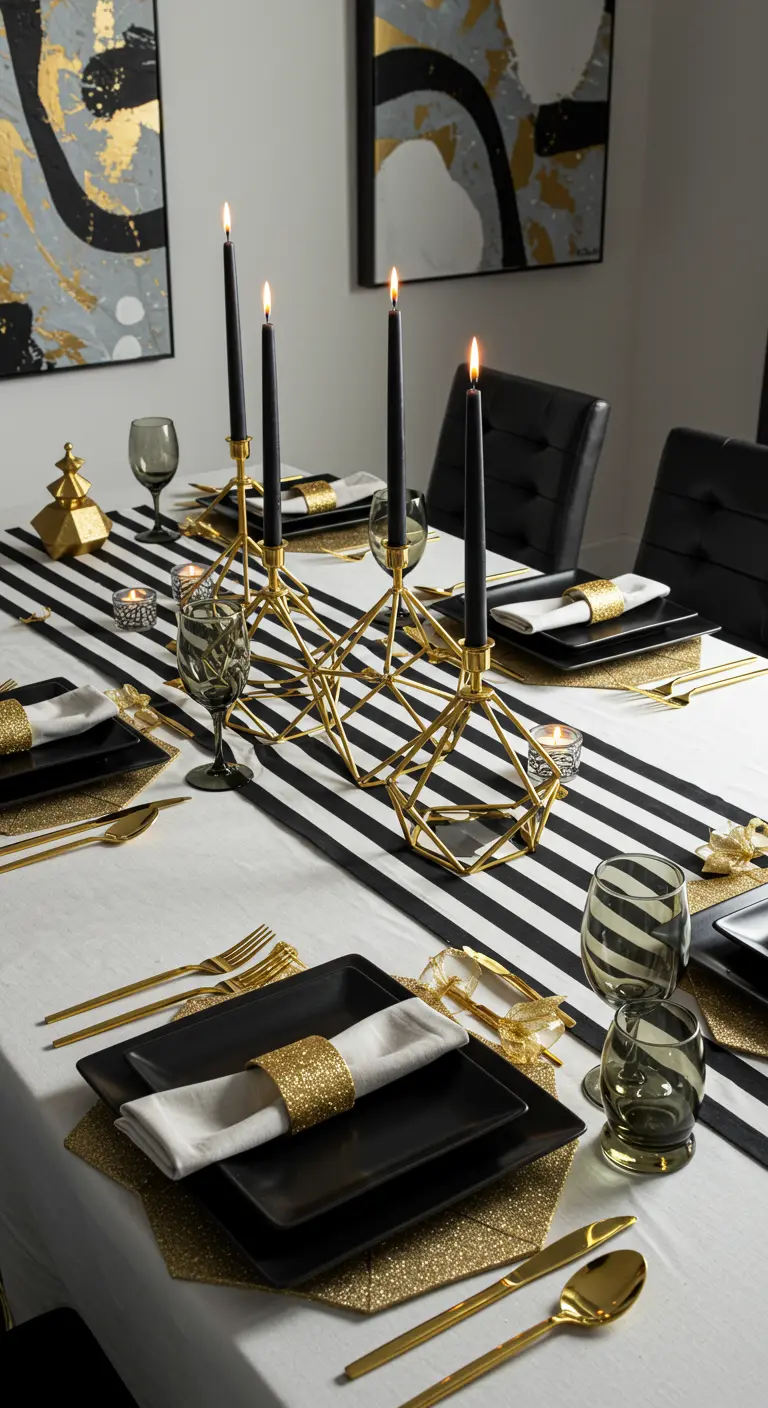 Table moderne avec chemin de table rayé, vaisselle noire et bougeoirs dorés.