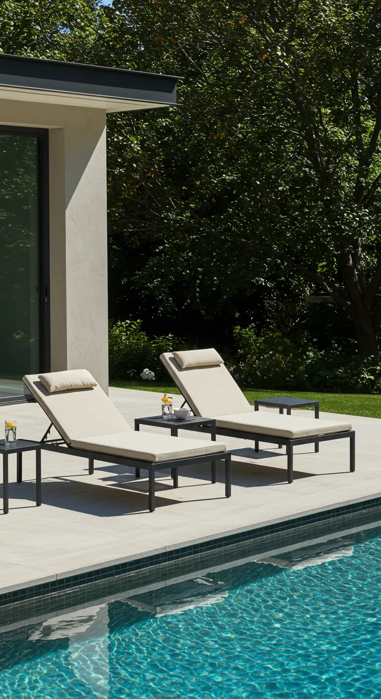 Deux chaises longues noires et écrues avec de petites tables au bord d'une piscine.