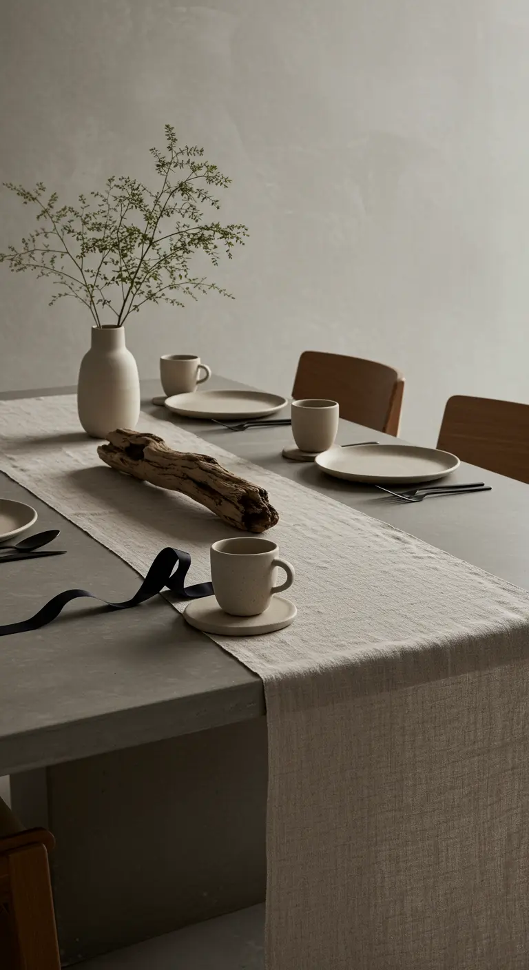 Table minimaliste avec un chemin de table en lin, du bois flotté et de la vaisselle en grès.