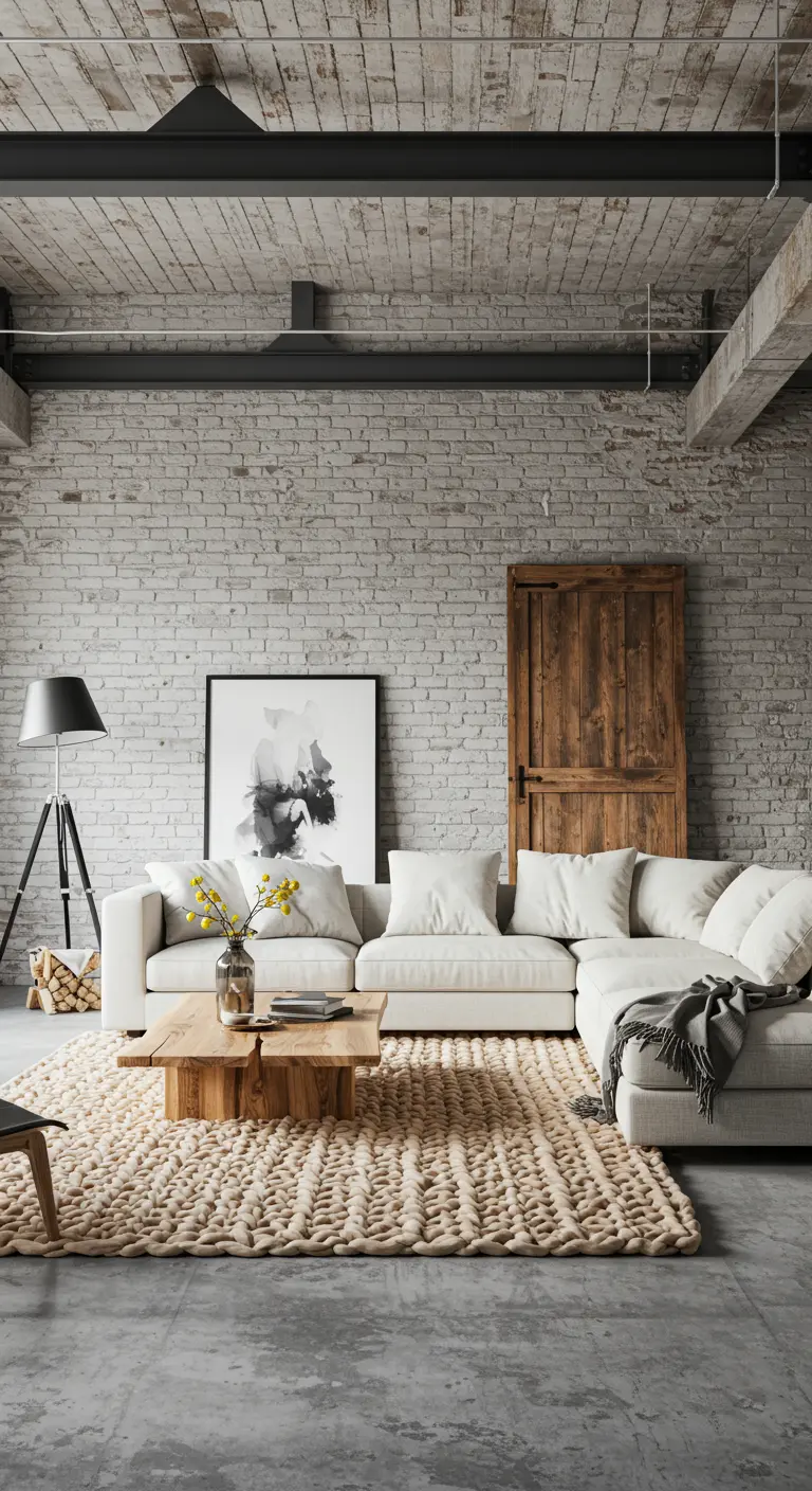 Loft industriel avec mur de briques et un grand tapis en laine tressée XXL.