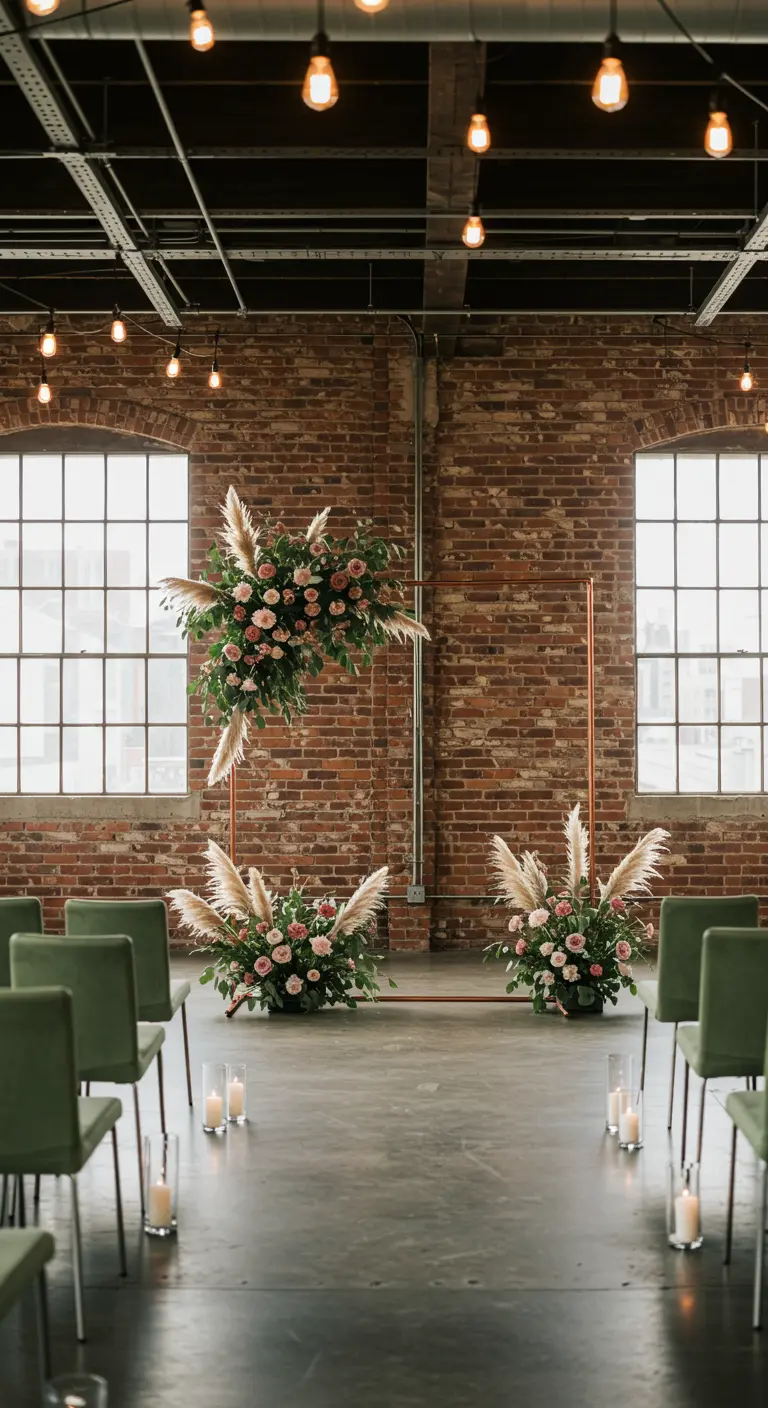 Arche florale asymétrique avec pampa dans un loft industriel.