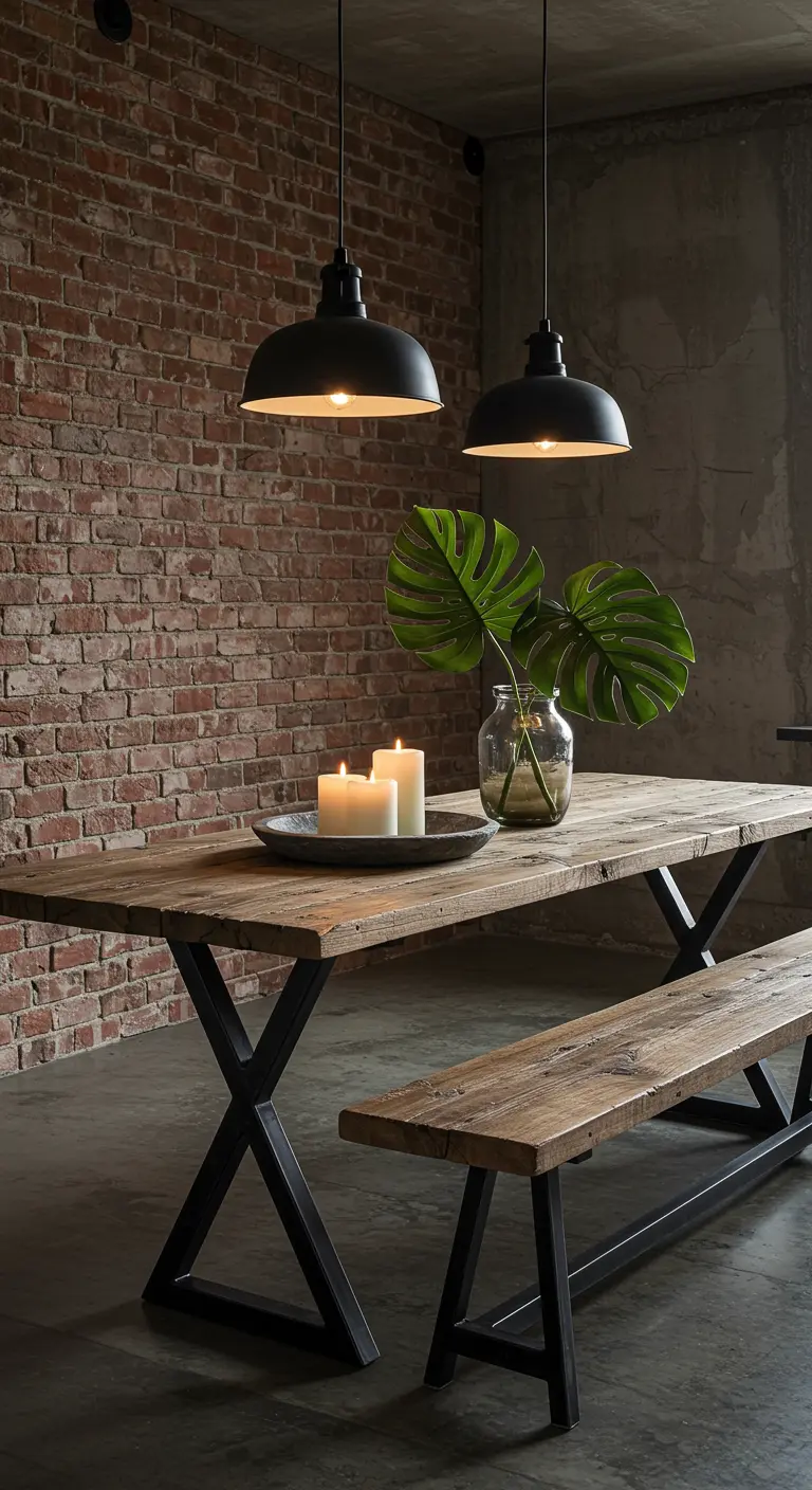 Centre de table industriel avec bougies et feuilles de Monstera sur table rustique.