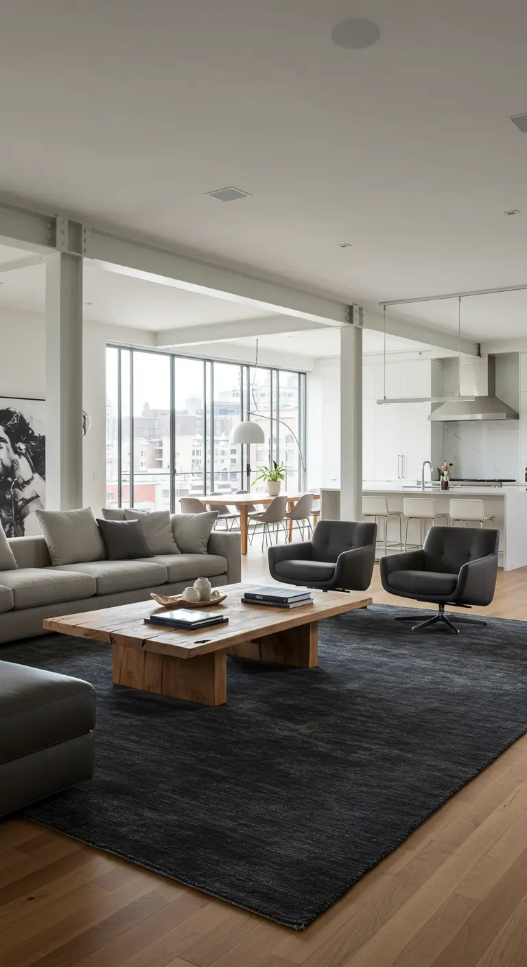 Grand salon ouvert avec un immense tapis anthracite qui délimite l'espace détente.