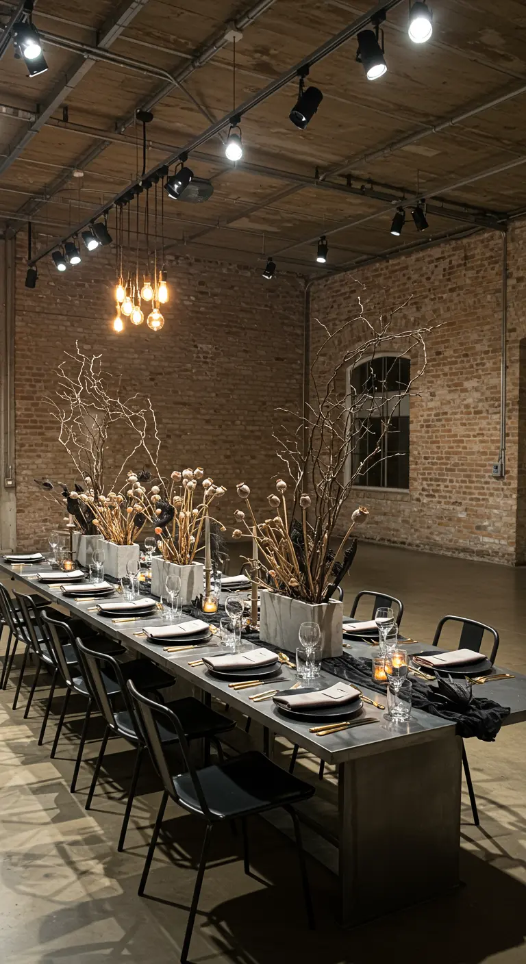 Longue table dans un loft industriel avec des branches nues comme centre de table.