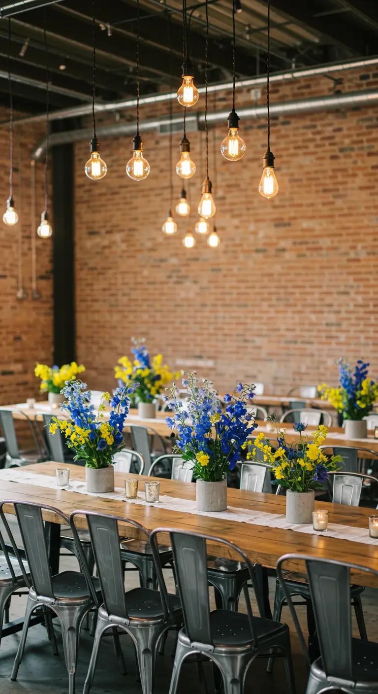 Tables dans un loft industriel avec des fleurs bleues et jaunes dans des pots en ciment.