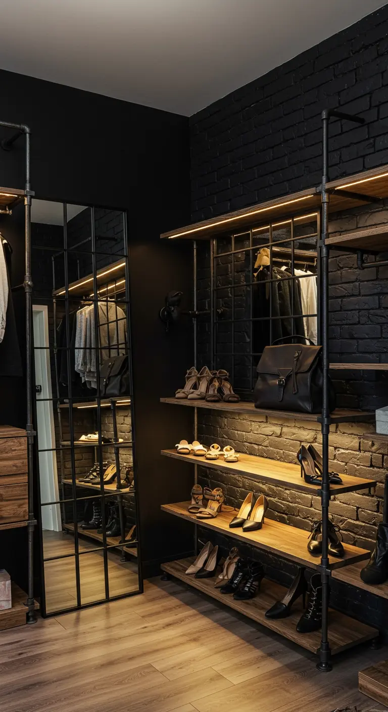 Dressing de style industriel avec des étagères en bois et tuyaux métalliques sur un mur de briques.