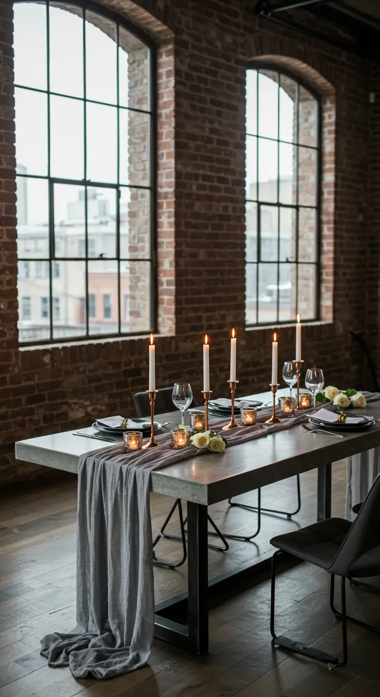 Table de style industriel avec chemin de table gris, bougies fines et roses blanches.