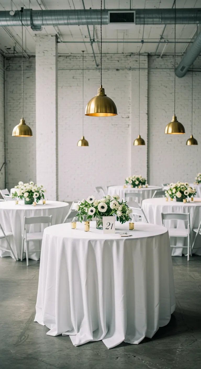 Salle de réception de style industriel avec des suspensions dorées au-dessus de tables rondes.
