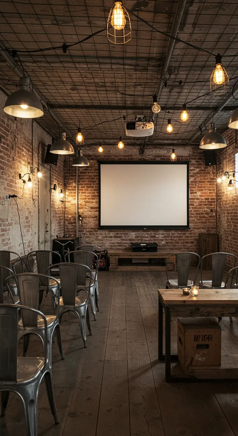 Espace de style industriel avec murs en briques, chaises en métal et un grand écran de projection.