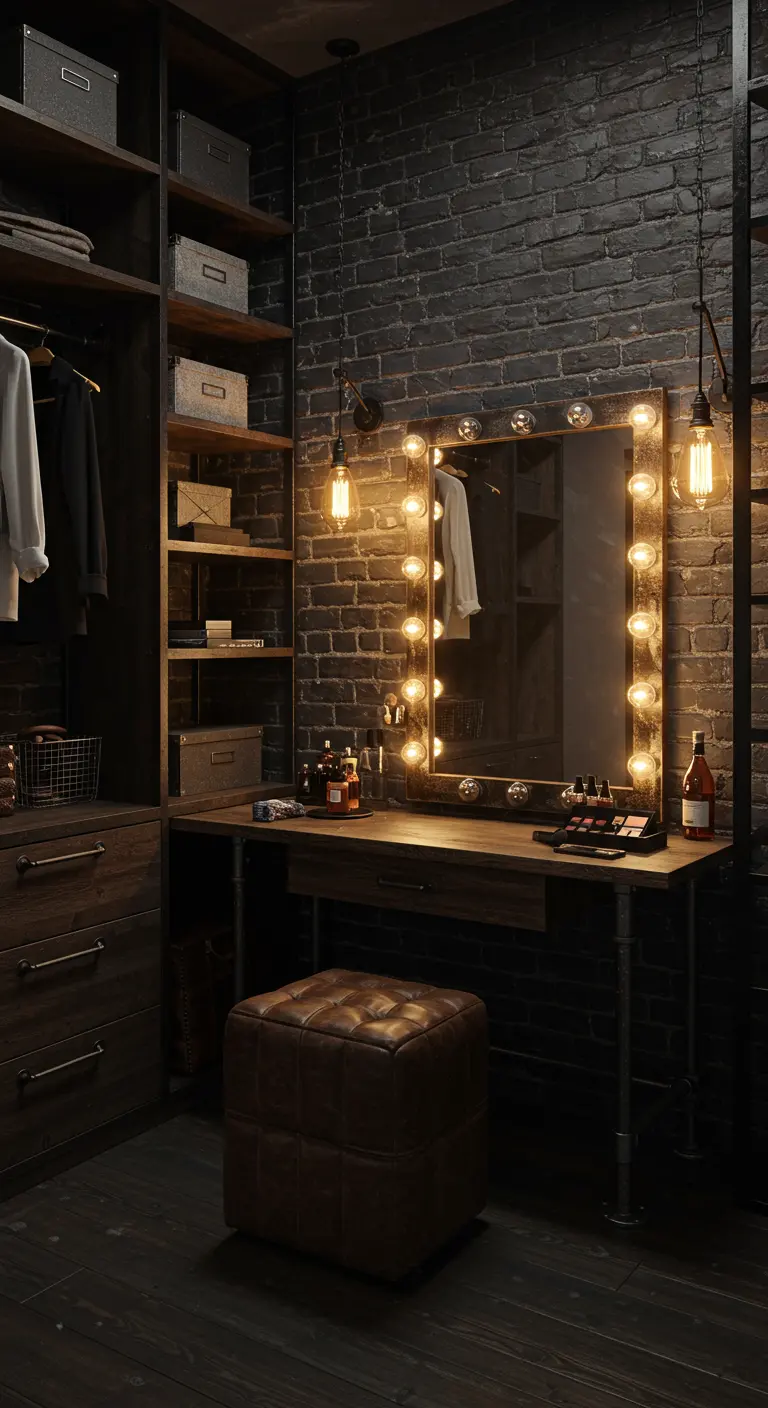 Coiffeuse industrielle sur mur de briques noires, miroir style Hollywood, tabouret en cuir.