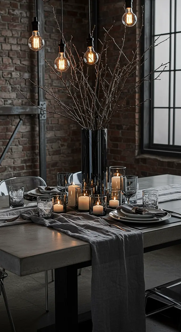 Table de style industriel avec un chemin de table gris, des branches dans un vase et de nombreux photophores.