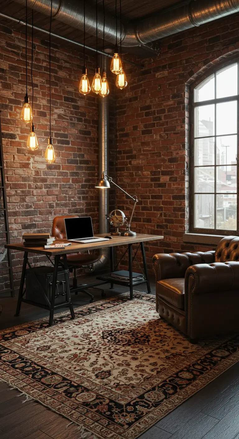 Bureau industriel dans un loft en briques avec des ampoules Edison suspendues et un fauteuil en cuir.