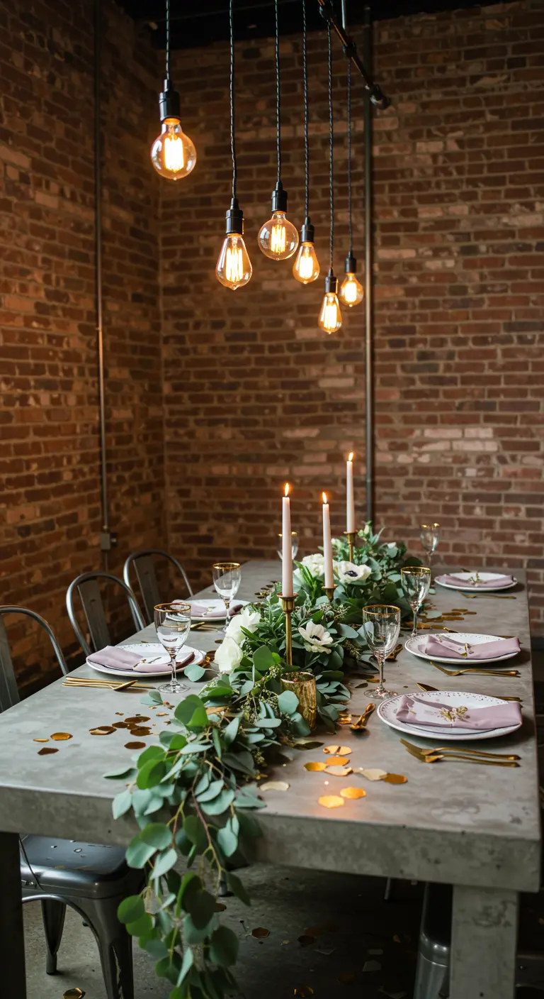Dîner dans un loft industriel avec table en béton, guirlande d'eucalyptus et ampoules.
