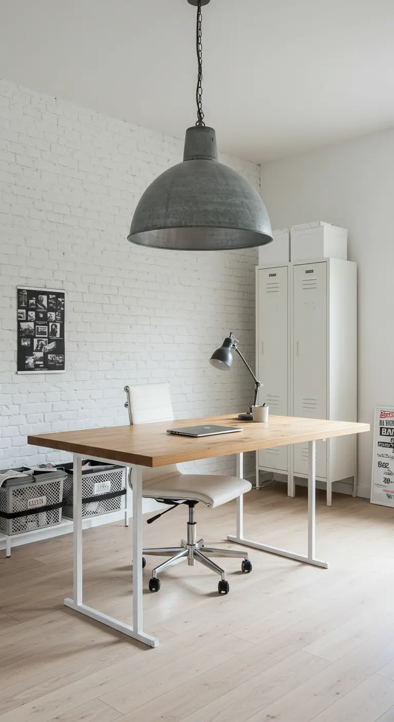 Bureau en bois clair et métal blanc dans un espace lumineux avec un mur de briques blanches et des casiers.