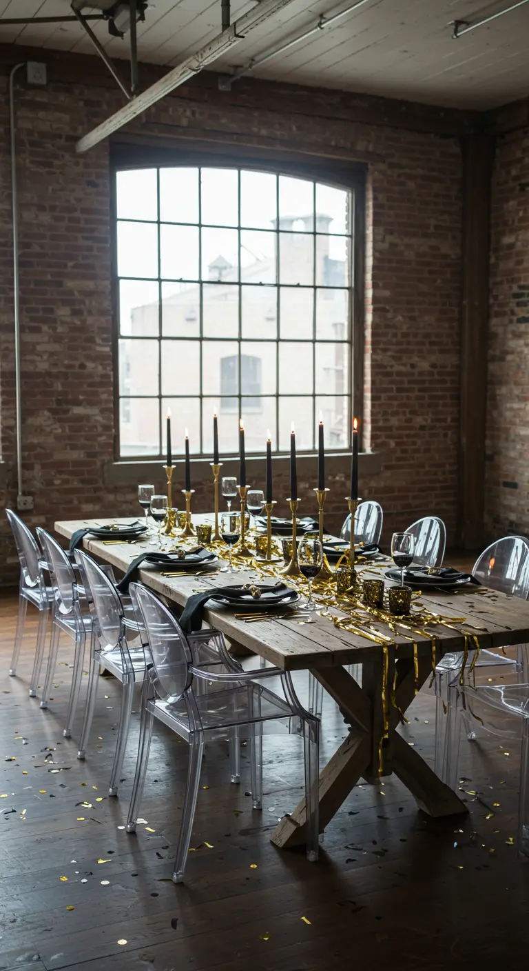 Table de fête en bois brut, vaisselle noire et chandeliers dorés dans un loft.