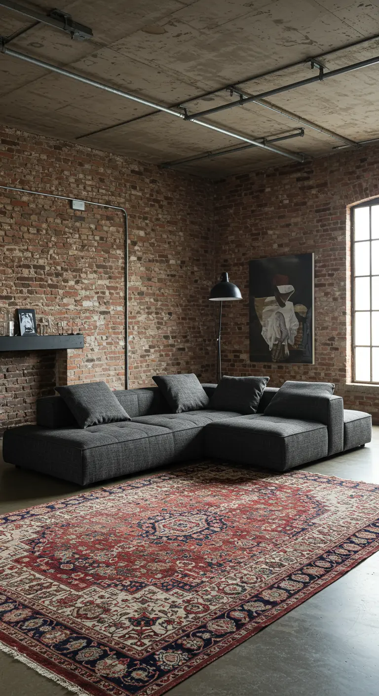 Grand canapé modulable gris sur un tapis persan rouge dans un loft industriel.