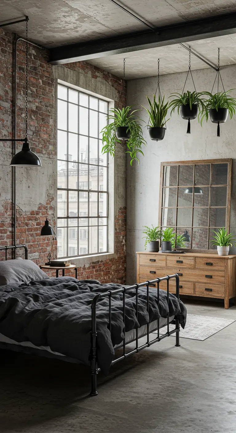 Chambre industrielle avec murs de briques, lit en métal noir, literie anthracite et plantes suspendues noires.
