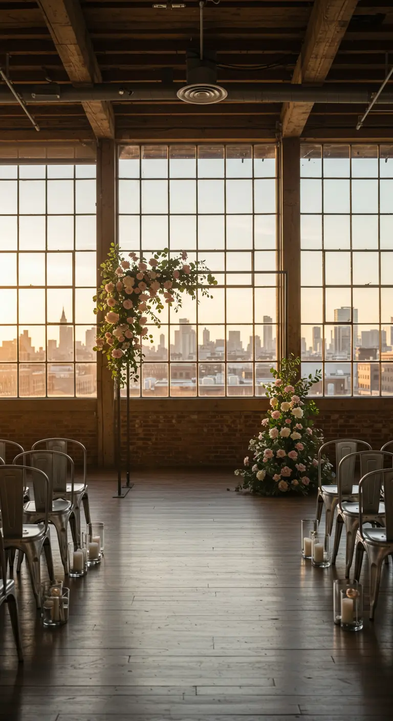 Arche métallique noire minimaliste avec des roses dans un loft avec vue sur la ville.