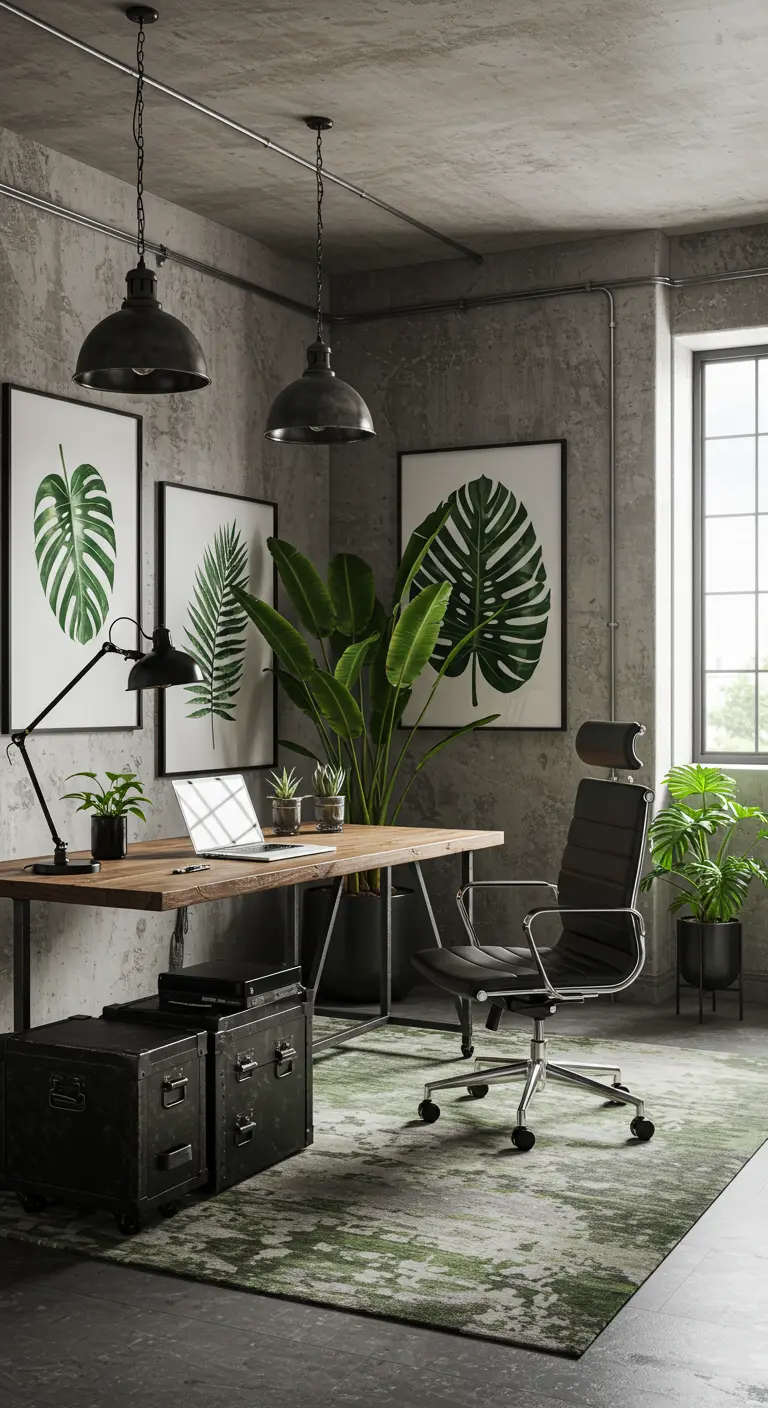 Bureau de loft urbain avec murs en béton, grandes plantes tropicales, tapis vert abstrait et mobilier industriel.
