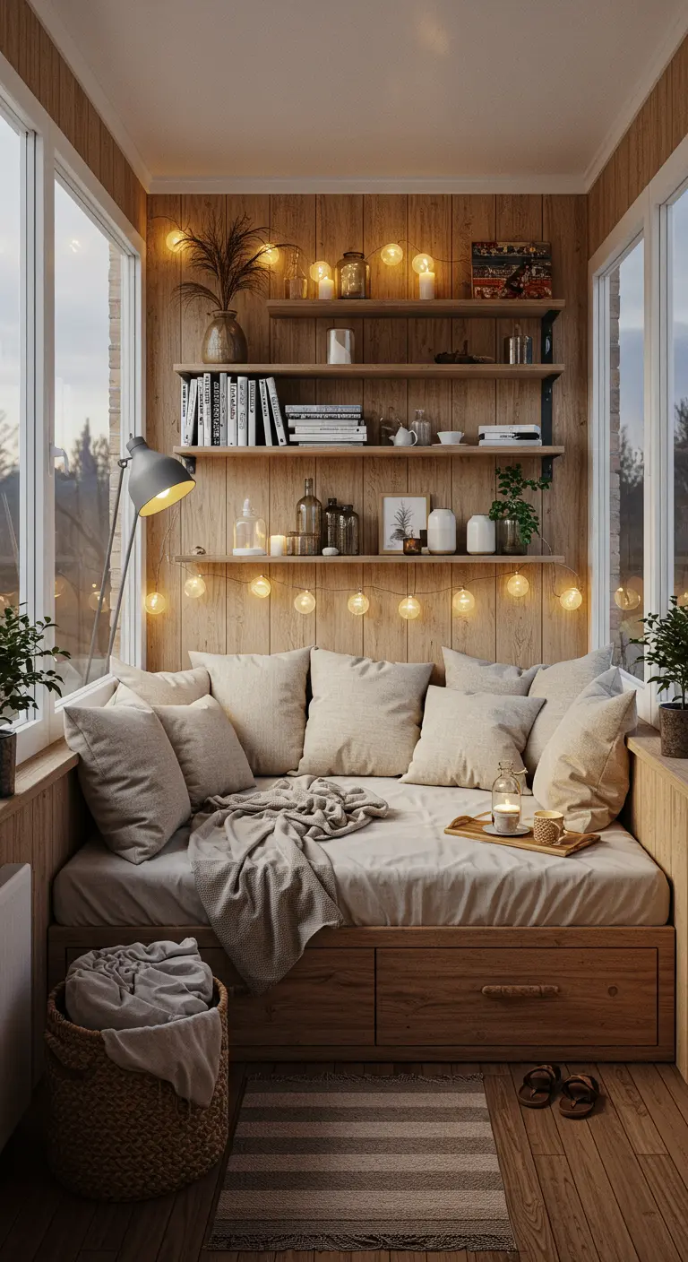 Loggia cosy avec canapé-lit, étagères en bois, livres, bougies et guirlandes lumineuses.
