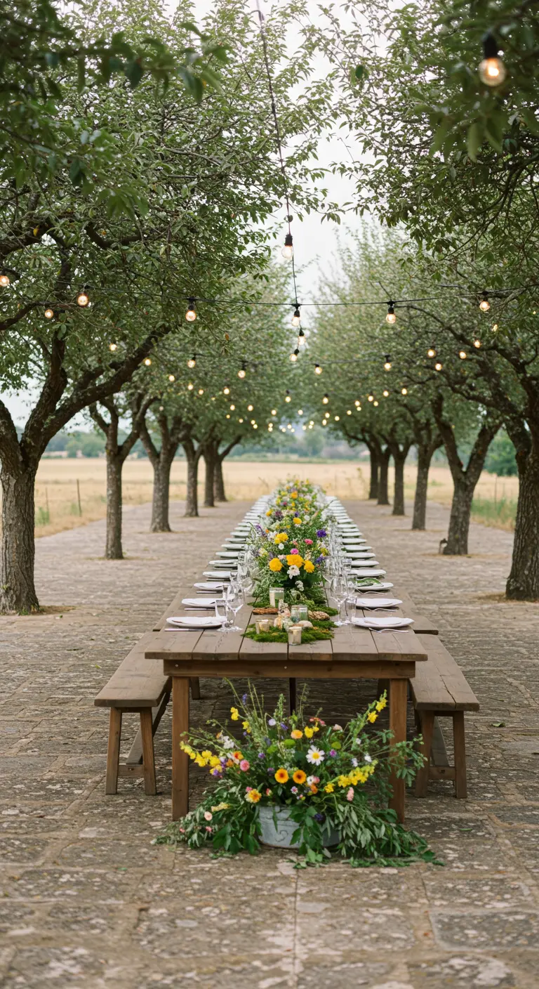 Longue table champêtre en bois sous une allée d'arbres illuminée par des guirlandes lumineuses.