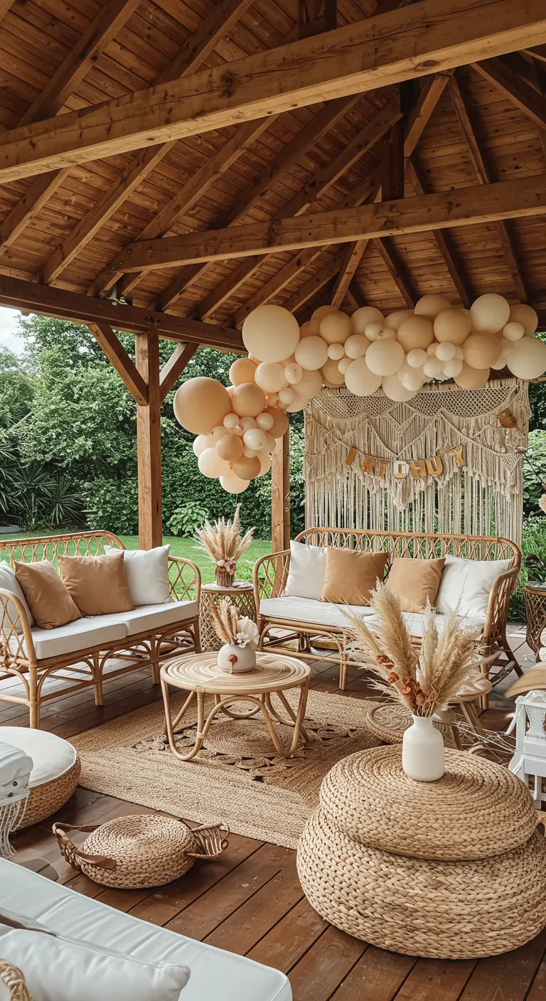 Lounge extérieur avec mobilier en rotin, macramé et ballons beiges.