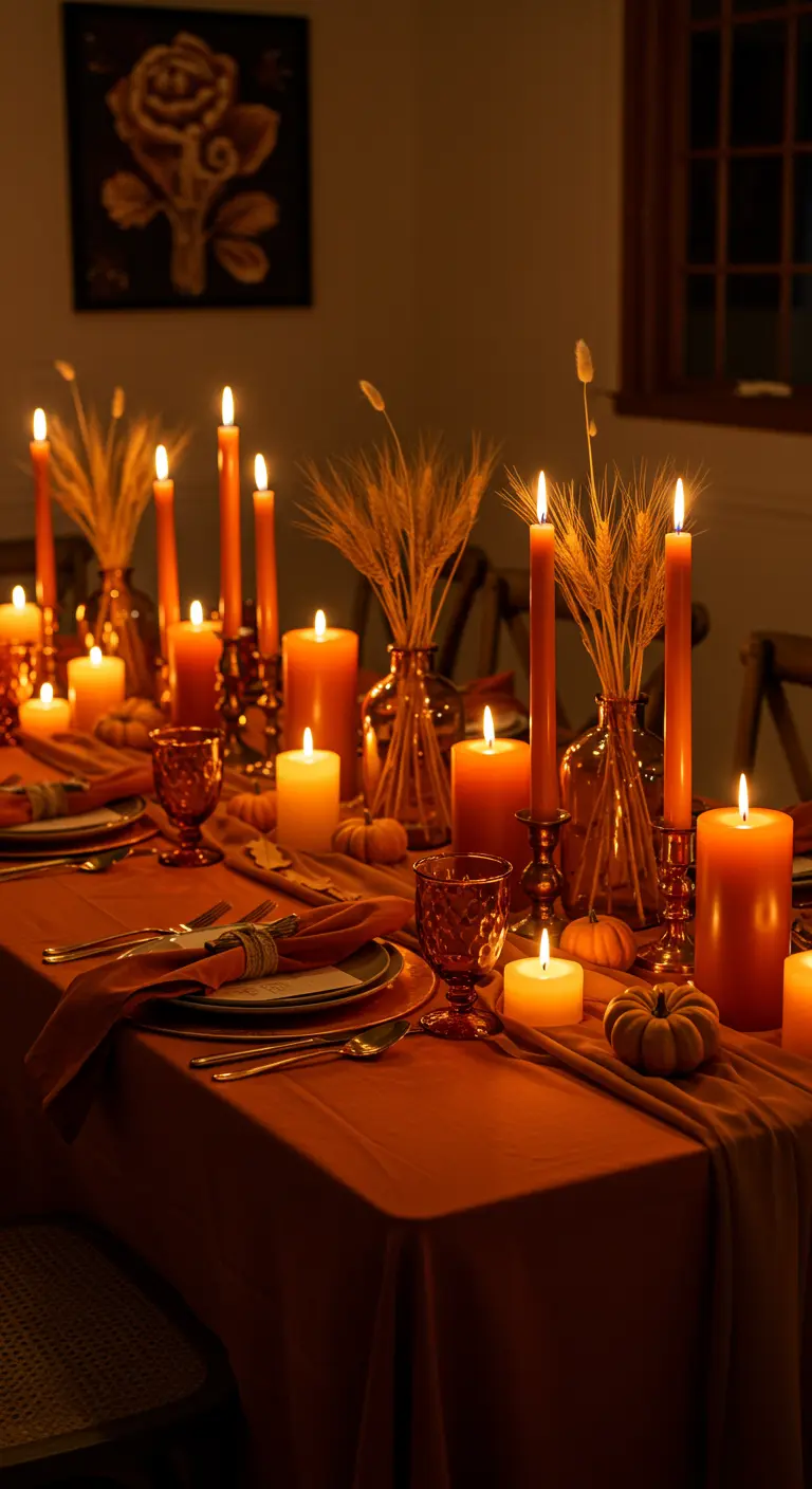 Table de dîner éclairée à la bougie avec une nappe orange et des décorations ambrées.