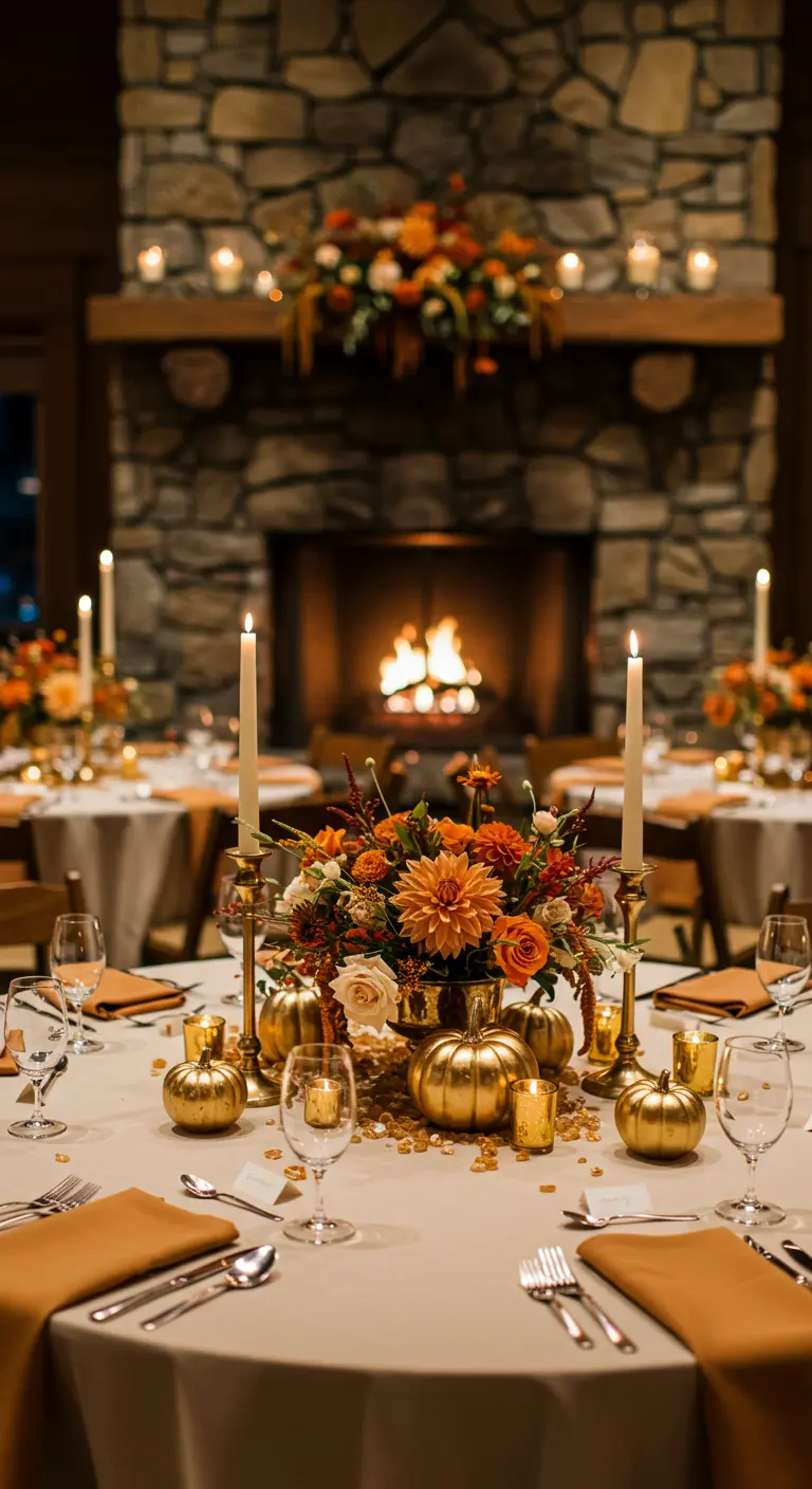 Centre de table automnal avec fleurs orange, mini-citrouilles dorées et bougies.