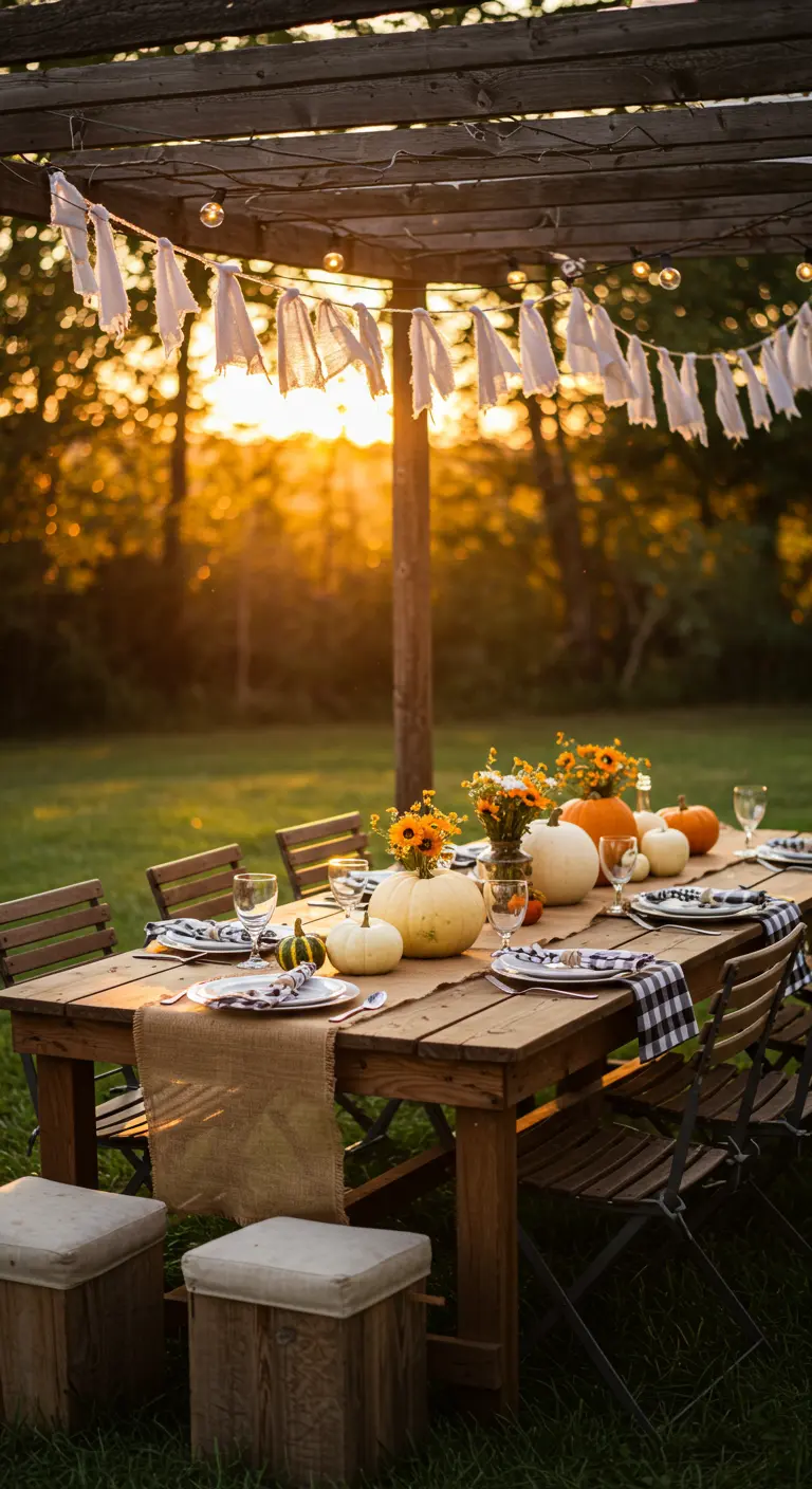 Table de fête rustique en extérieur au coucher du soleil.