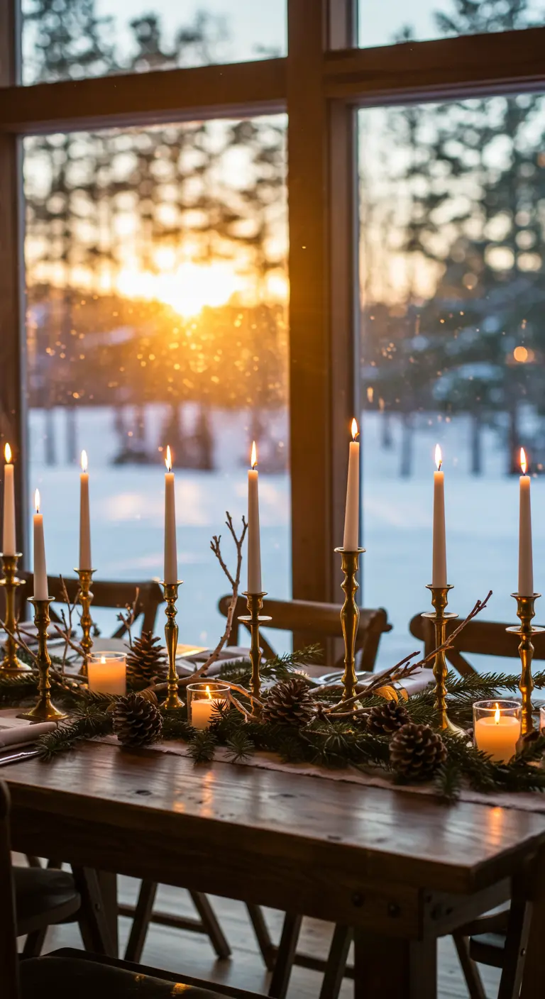 Alignement de chandeliers en laiton devant une fenêtre avec un coucher de soleil hivernal.