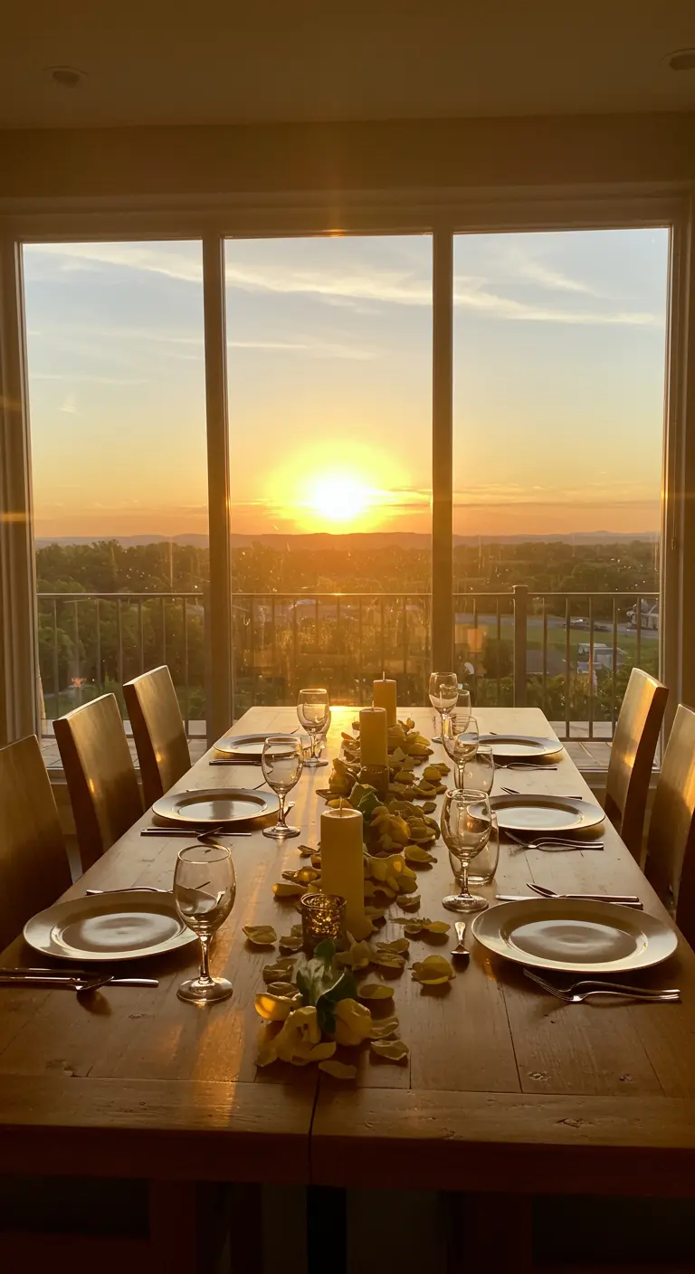 Table de dîner en bois devant une fenêtre, baignée dans la lumière dorée du soleil couchant.