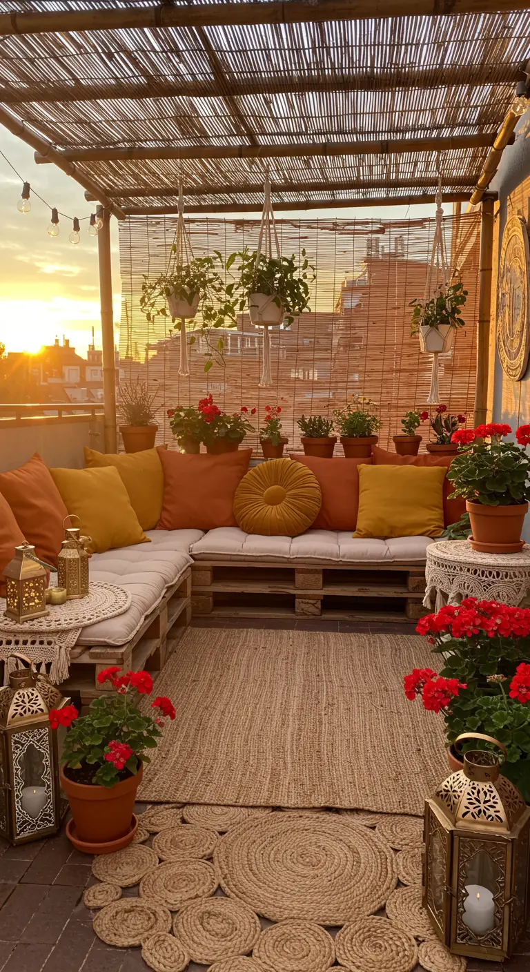 Terrasse bohème sur un toit avec des meubles en palettes et des coussins orange au coucher du soleil.