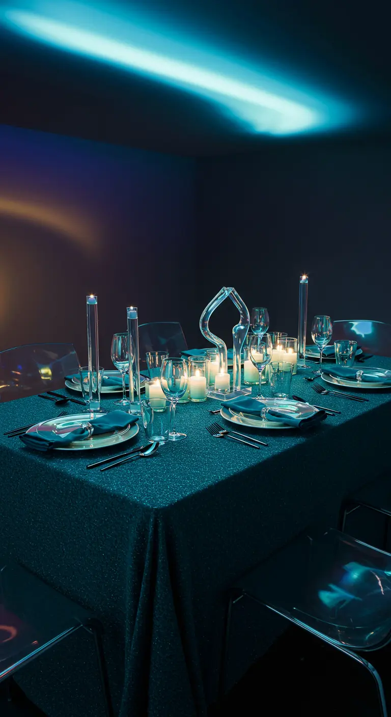Table de fête futuriste avec des bougeoirs en verre, éclairée par une lumière bleue et tamisée.