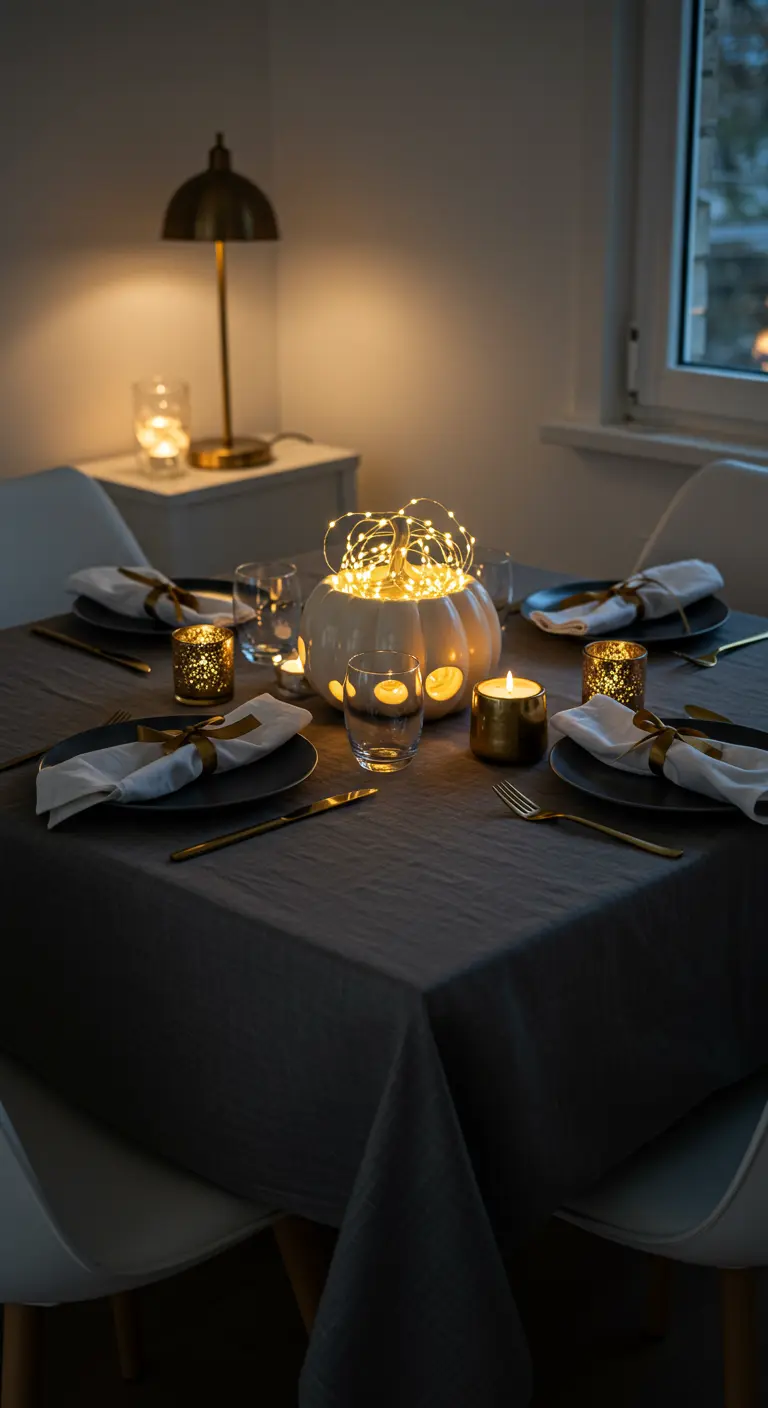 Petite table sombre avec citrouilles blanches lumineuses, guirlandes LED, bougies votives et couverts dorés.